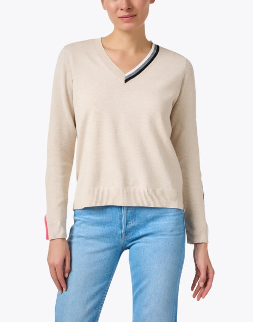 Beige Cotton Sweater with Contrasting Stripe Design