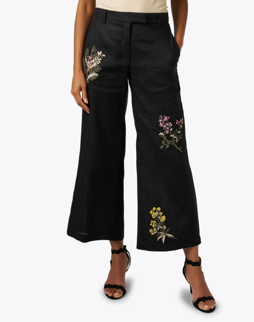 Stylish Black Floral - Embroidered Lightweight Linen Wide - Leg Pants