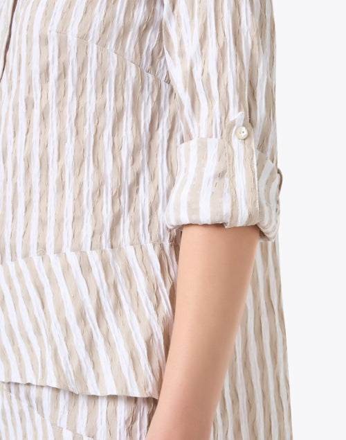 Stretchable Beige and White Striped Cotton Asymmetric Tiered Shirt Dress