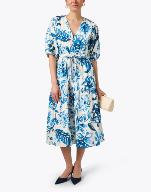 Joyce Feminine Blue and White Floral Print Cotton Dress with Adjustable Waist