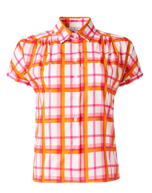 Stretchy Orange and Pink Plaid Cotton Shirt for Spring and Summer