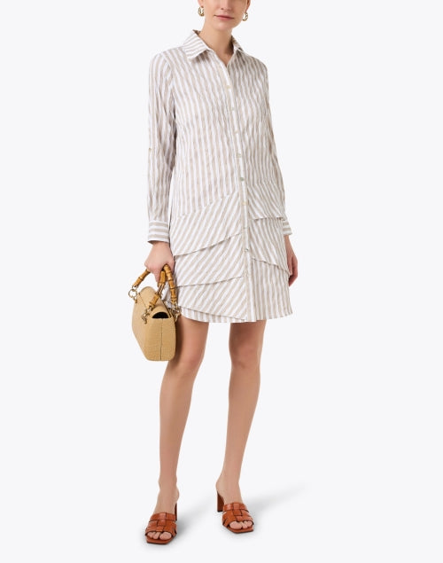 Stretchable Beige and White Striped Cotton Asymmetric Tiered Shirt Dress