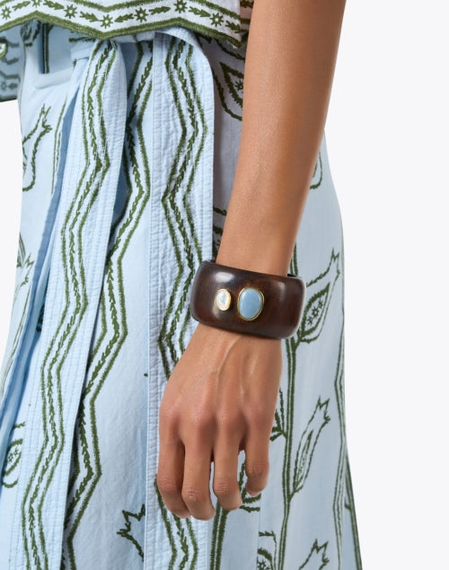 Exquisite Lanna Acacia Wood Cuff Bracelet with Pearls and Angelite