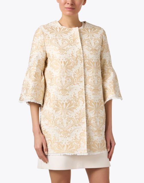 Luxurious Ivory Square - Neck Jacquard Flare - Sleeve Jacket
