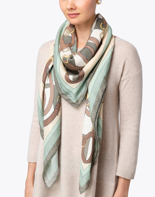 Luxurious Printed Silk Cashmere Scarf in Green and Brown Saddle Design