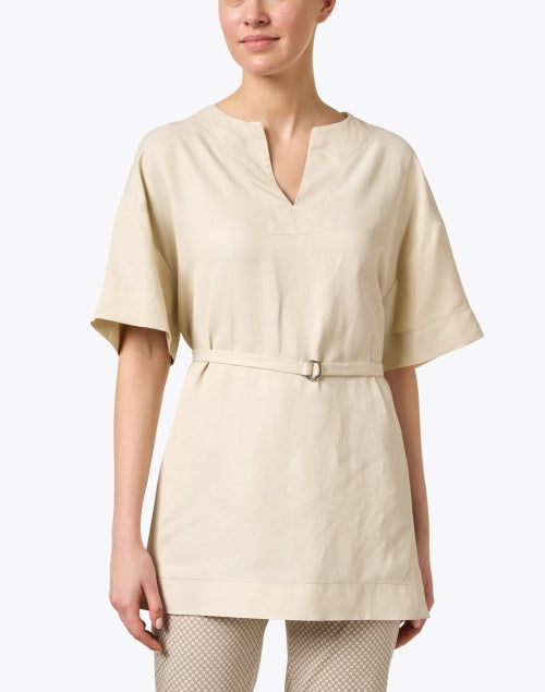 Elegant Beige Linen Blend Belted Longline Tunic Top