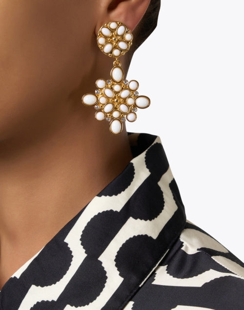 Stylish Gold-Plated and White Cabochon Clip-On Drop Earrings for Everyday Wear