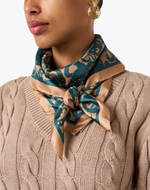 Stylish Kinross Silk Scarf with Camel and Rich Green Paisley Pattern