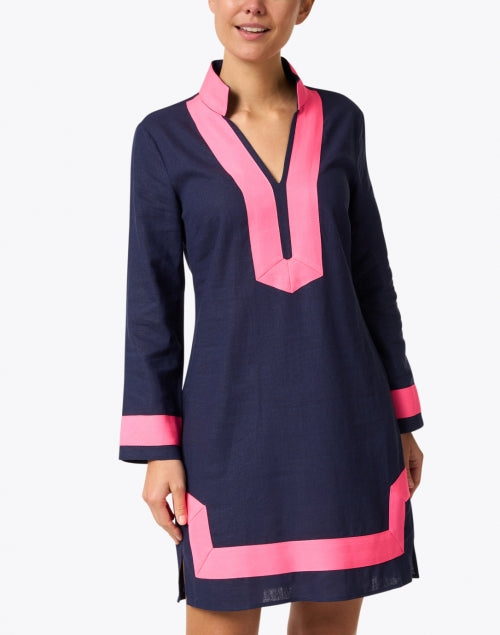 Navy and Bright Pink Color-Blocked Linen Tunic Dress for Coastal Wear