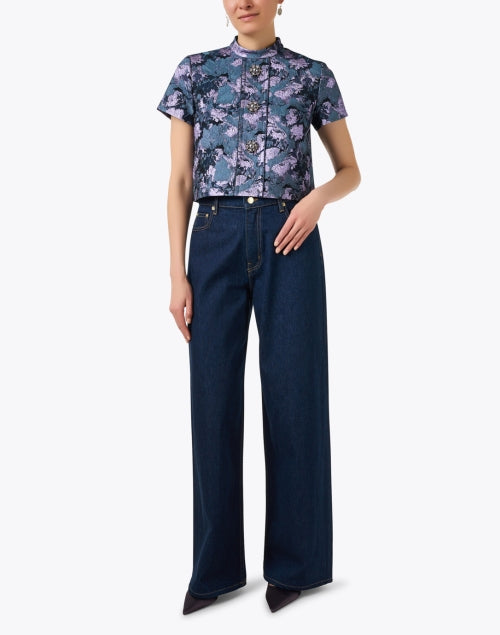 Elegant Blue Multi-Patterned Jacquard Short Sleeve Top