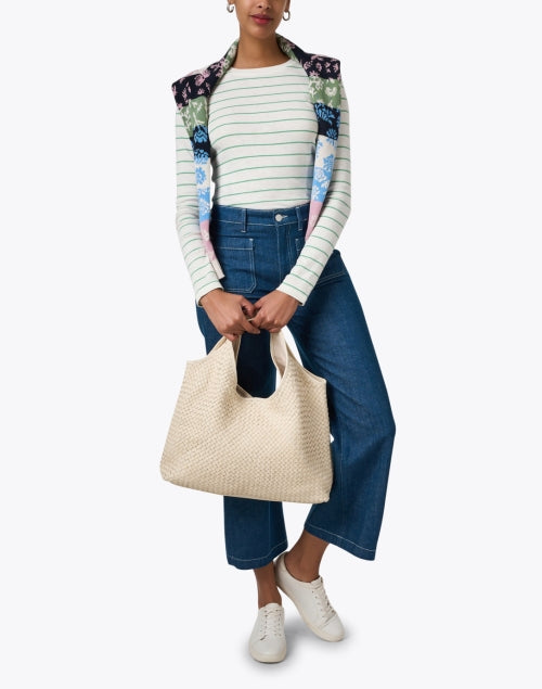 Elegant Ivory and Green Striped Women's Long Sleeve Top for Versatile Layering