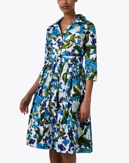 Stylish Audrey Blue and White Printed Cotton Stretch Shirt Dress
