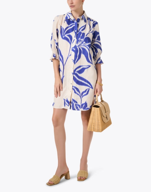 Stylish Miller Beige and Blue Batik Pattern Printed Linen Women's Dress for Warm Weather