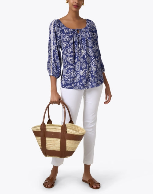 Navy Blue Paisley Print Relaxed-Fit Top with Balloon Sleeves and Tie Neckline