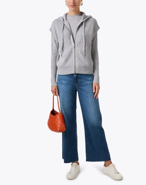 Stylish Grey Cashmere Knit Jacket with Drawstring Collar