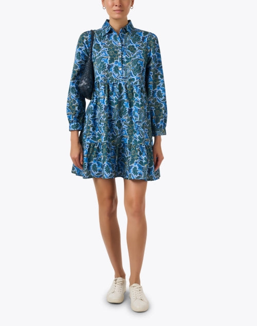Stylish Romy Blue Motif 100% Cotton Mini Dress with Long Sleeves