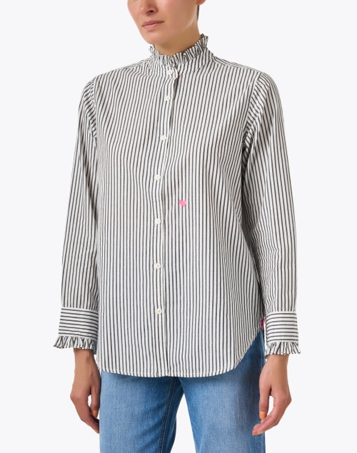 Stylish Mia Black and White Striped Button - Front Shirt with Feminine Details