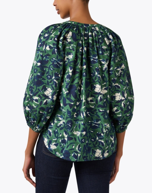 Green-Printed Lightweight Cotton Mitte Top with Balloon Sleeves
