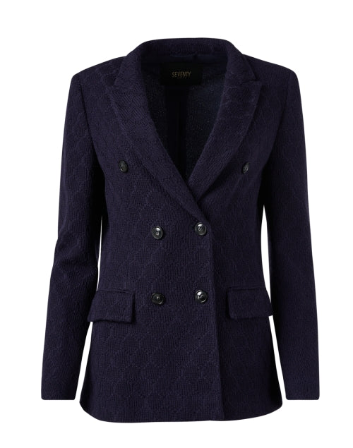Stylish Navy Wool Blend Double Breasted Stitched Lattice Motif Blazer