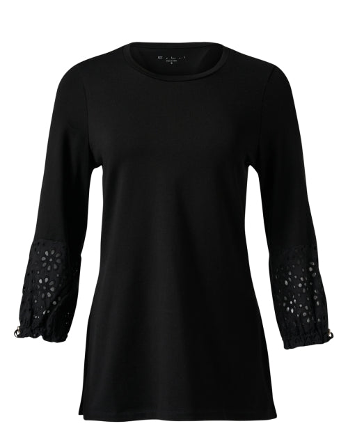 Stylish Black Stretch Pima Cotton Top with Eyelet Cuff Detail