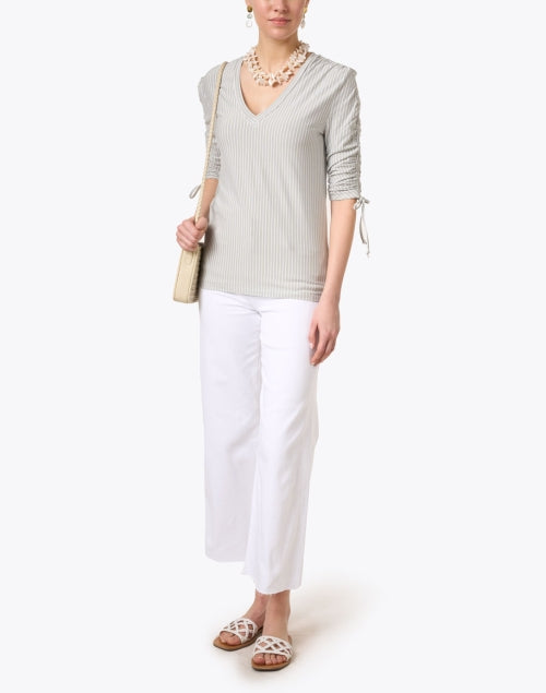 Stylish Penelope Sage Green Striped Women's Cotton Blend Top for All Occasions
