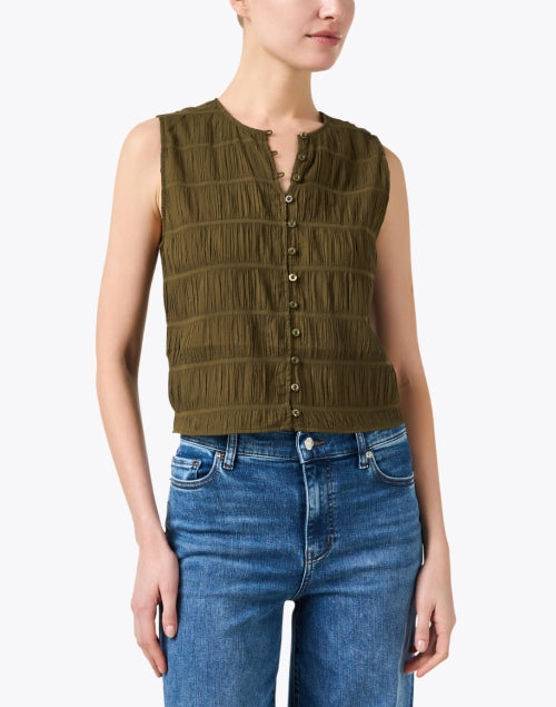 Chic Green Smocked Cotton Sleeveless Top with Button Front