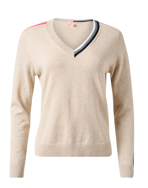 Beige Cotton Sweater with Contrasting Stripe Design