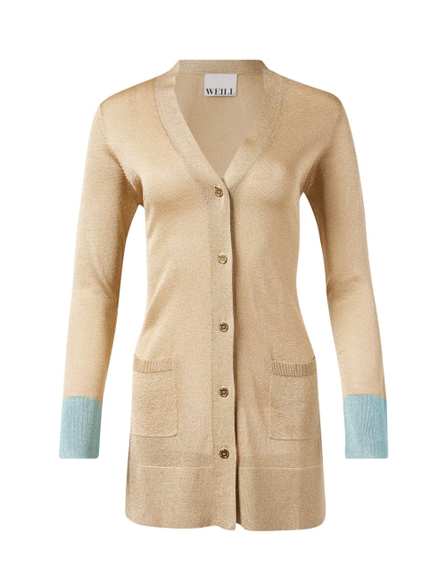 Stylish Fergie Metallic Gold and Blue Longline Slim-Fit Cardigan