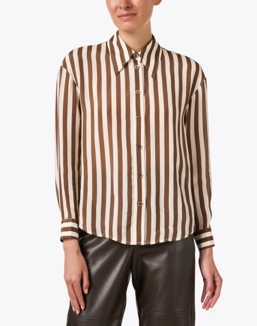 Blythe Women's Brown and White Striped Luxury Satin Silk Blend Blouse