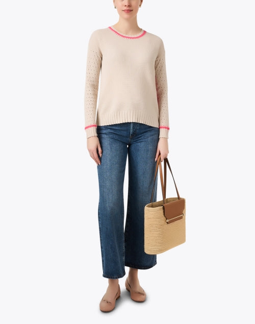 Beige and Rose-colored Stitch Women's Cotton Knit Sweater
