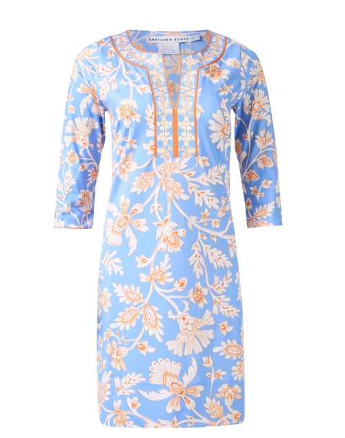 Stylish Periwinkle and Orange Floral Print Tunic Dress for Warm Weather