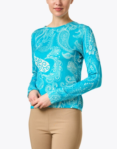 Exquisite Turquoise Paisley Patterned Cashmere-Silk Blend Women's Sweater