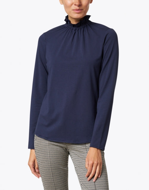 Georgia Navy Cotton Modal Ruffled Neck Long Sleeve Women's Blouse for Daily Wear