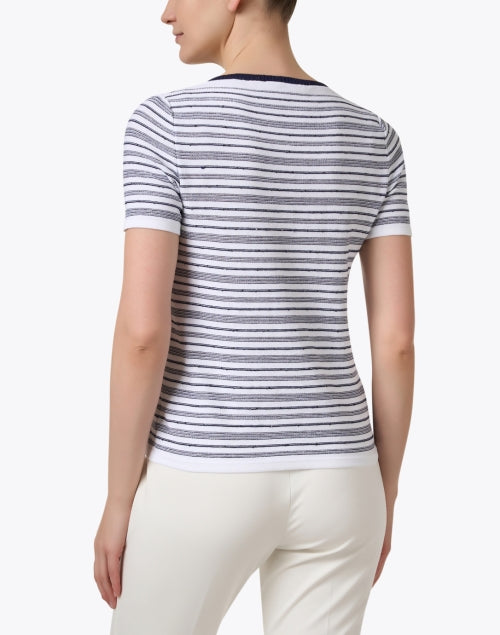 Podio Casual Women's White and Navy Striped Knit Cotton Blend Sequin Accented Top