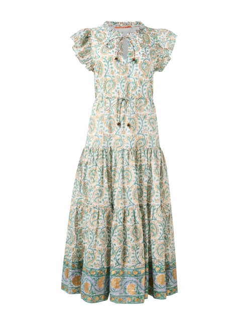Stylish Marseille Gold and Green Printed Tiered Cotton Dress