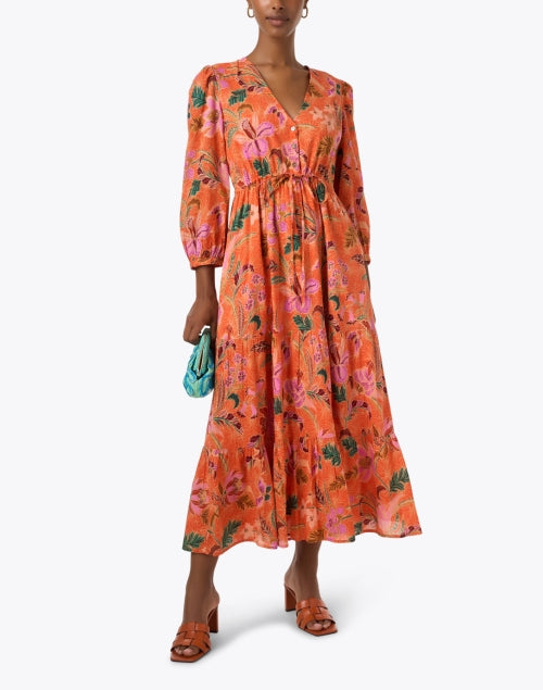 Banjanan's Feminine Orange Artistic Print Balloon Sleeve Maxi Dress