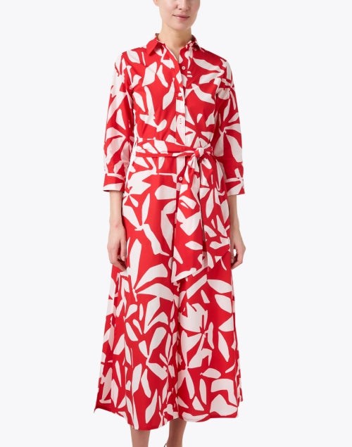 Red Printed Cotton Women's Shirt Style Maxi Dress