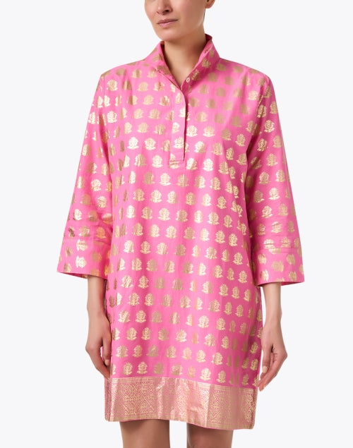 Stylish Helen Pink and Golden Print Women's Cotton Summer Dress