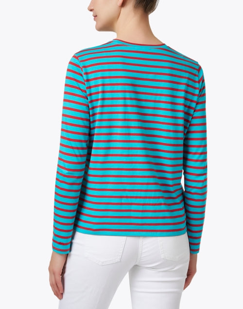 Stylish Turquoise and Crimson Striped Women's Long Sleeve Top