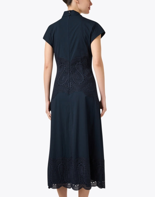 Navy Blue Lace-Trimmed Cotton Poplin Women's Dress for Formal Occasions