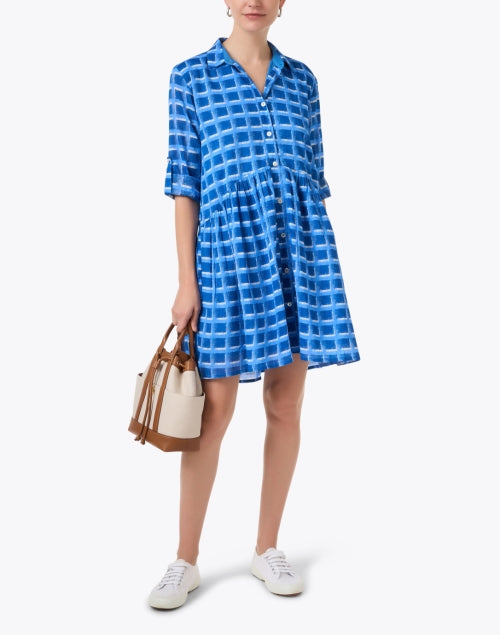 Fashionable Deauville Blue Check Pattern Printed Women's Shirt Dress