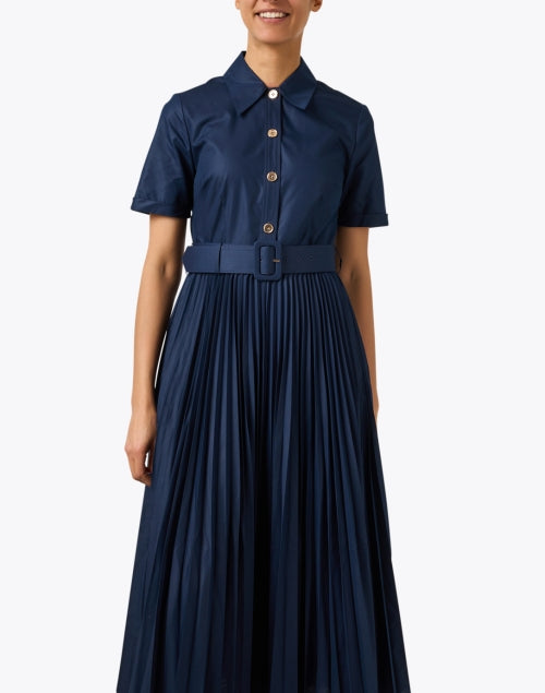 Navy Blue Pleated Cally Shirt Dress for Elegant Ladies