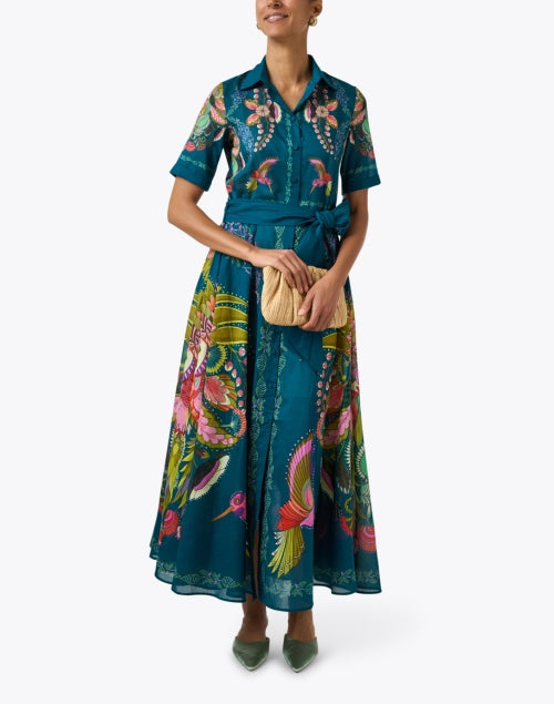 New Season Blue Cotton Shirt Dress with Multi Paisley Print
