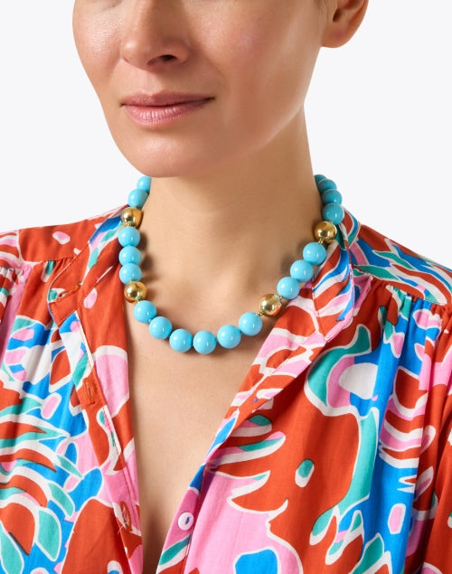 Stunning Single - Strand Gold and Turquoise Beaded Jewelry Necklace by Kenneth Jay Lane
