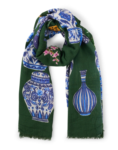 Vilagallo Lightweight Green Porcelain Print Foulard Scarf for Seasonal Styling