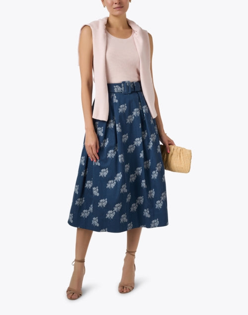 Thea Navy Floral Pattern Print Adjustable Belted Women's Midi Skirt