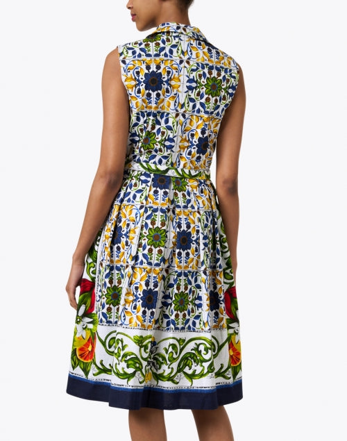 Stretch Cotton Audrey Indigo Tile Pattern Print Women's Dress