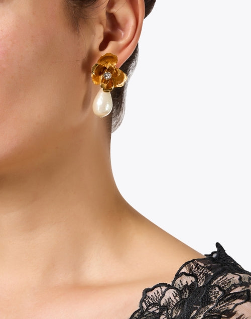 Graceful Gold - Plated Posey Pearl Drop Earrings with Glass Crystal Accent