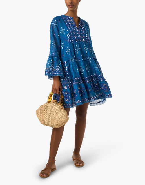 Stylish Blue Cotton Mosaic Print Flared-Sleeve Dress