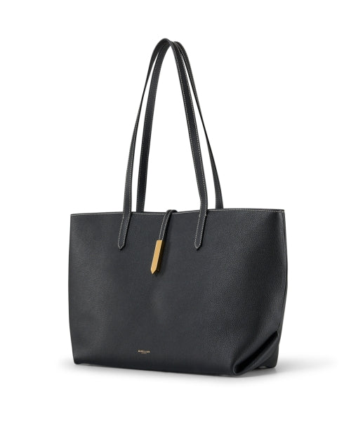 Stylish Tokyo Black Fine - Grain Leather Tote Bag with White Contrast Stitching